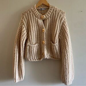Zara Chunky Cream Cable Knit Cardigan Sweater with Gold Buttons